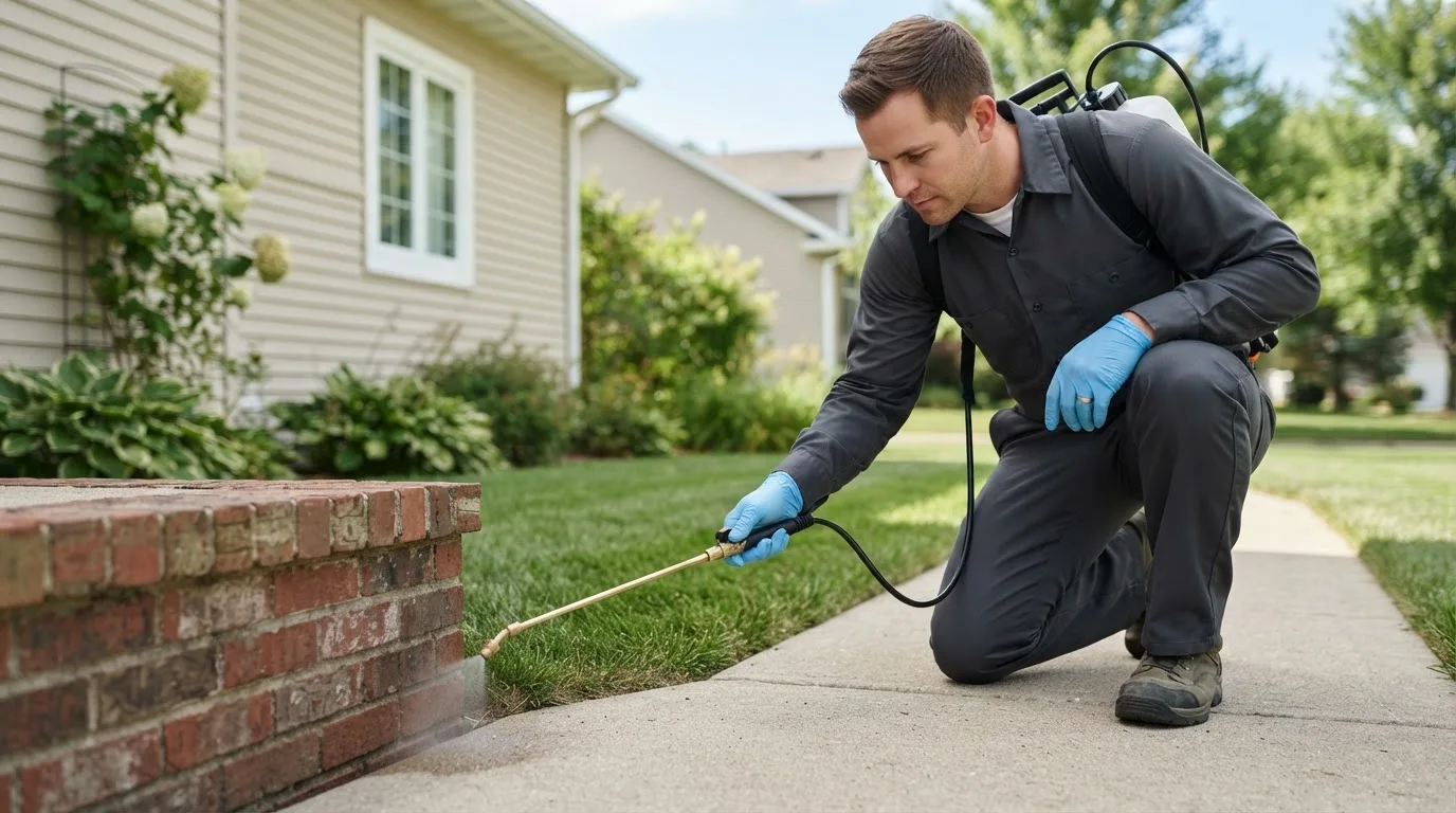 Pest control technician treating a home near West Lebanon, NH