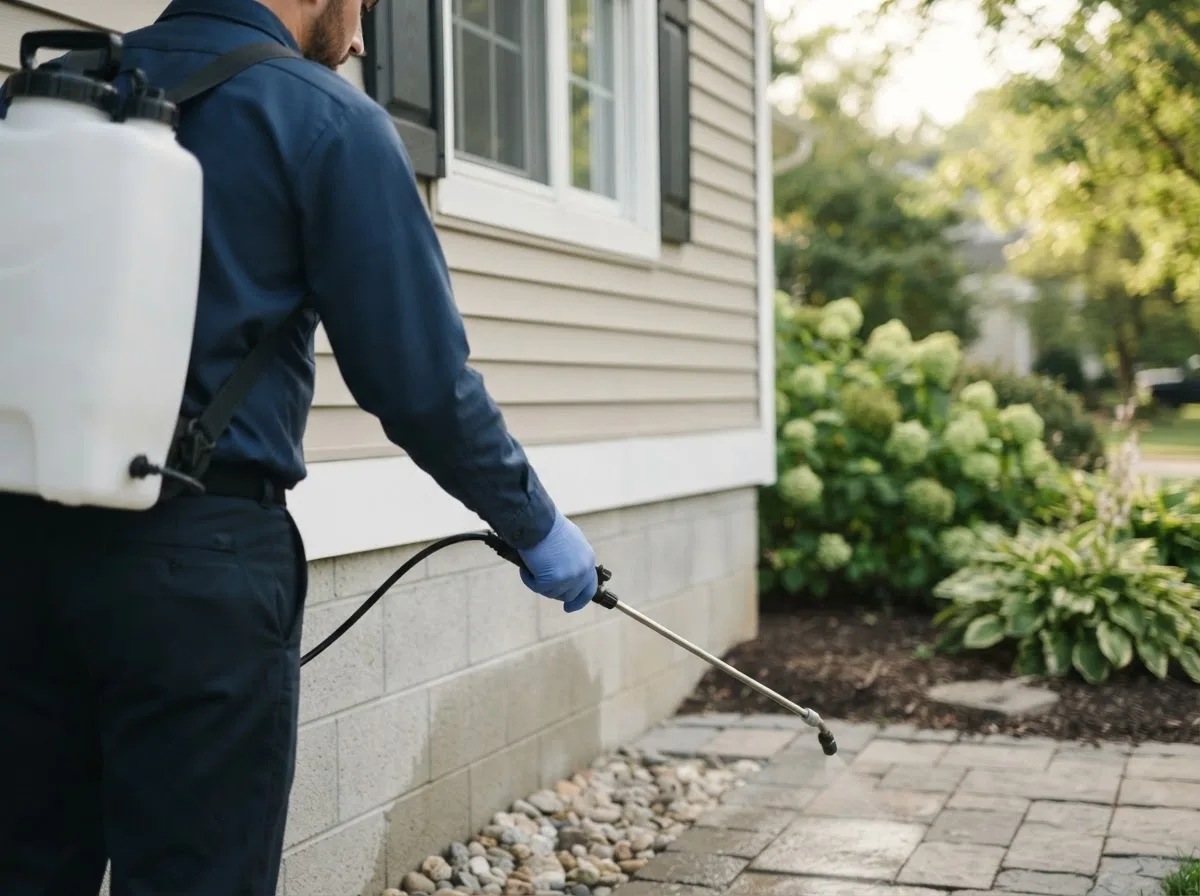 Pest control technician inspecting a home in West Lebanon, NH